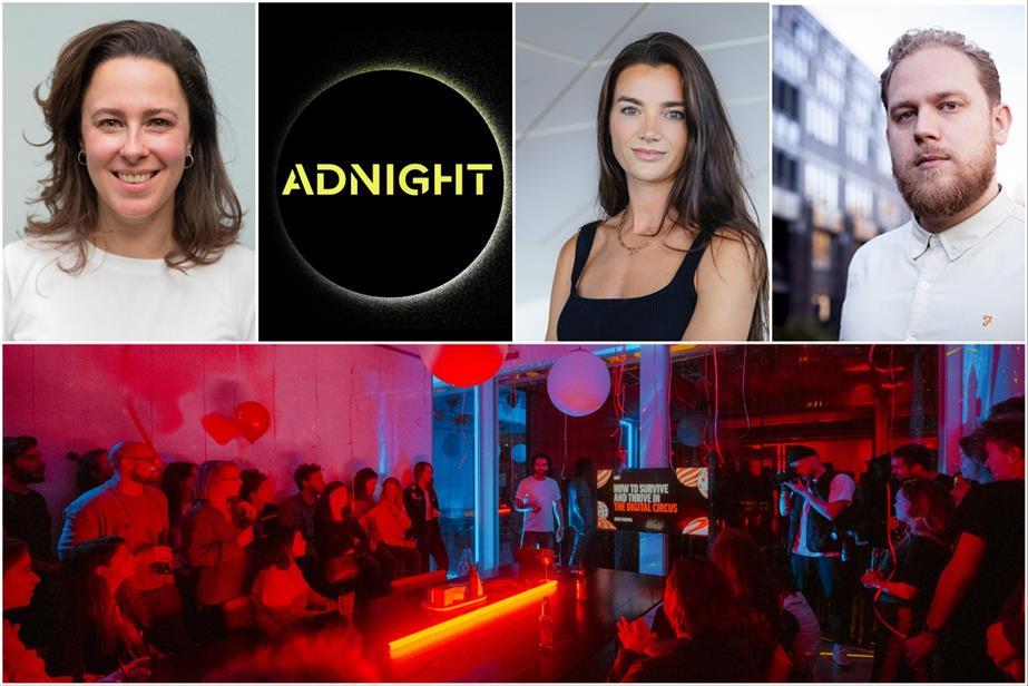 A collage of Adnight images including portraits of the three main organisers and an image from a Dept event at Adnight Amsterdam