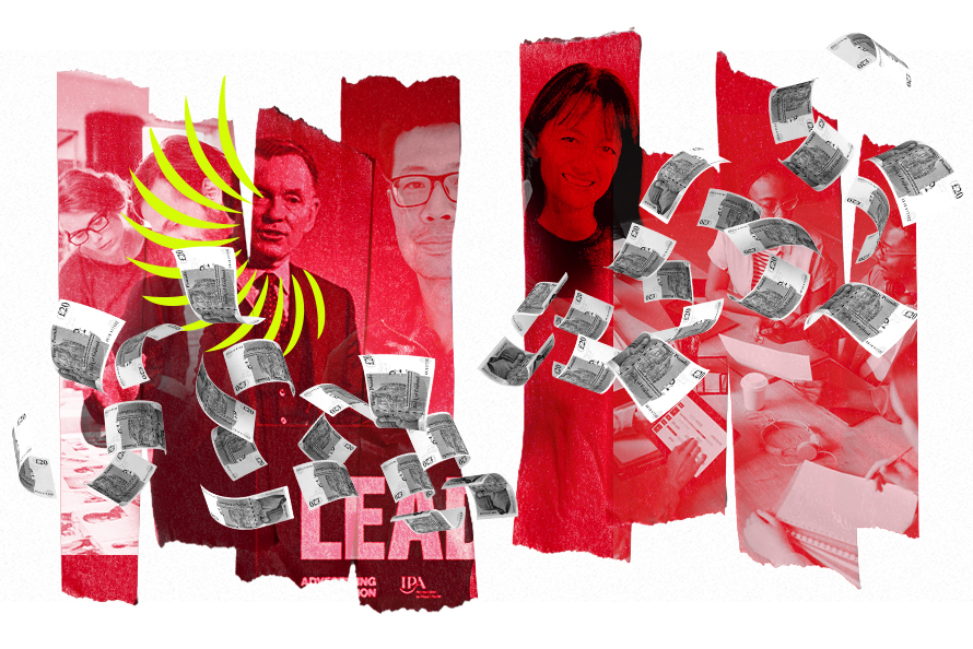 Bank notes floating over images of apprentices, Chris Bryant, Michael Lee and Jenny Biggam