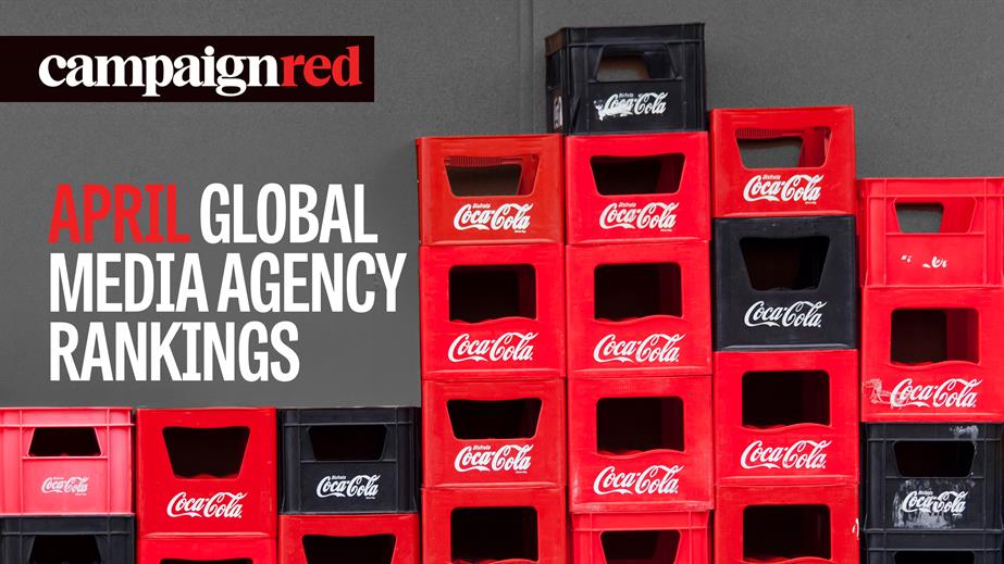 Crates of Coca-Cola with the text "April global media agency rankings"