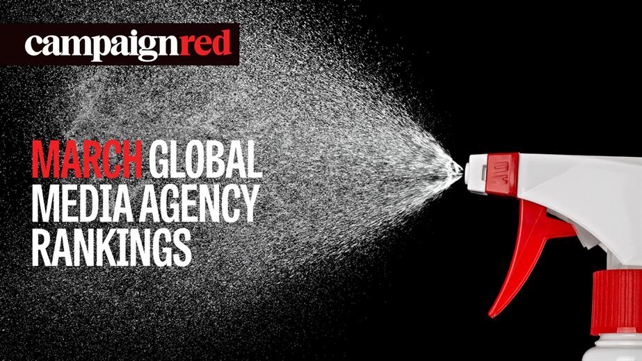A spray with the text "March global media agency rankings"