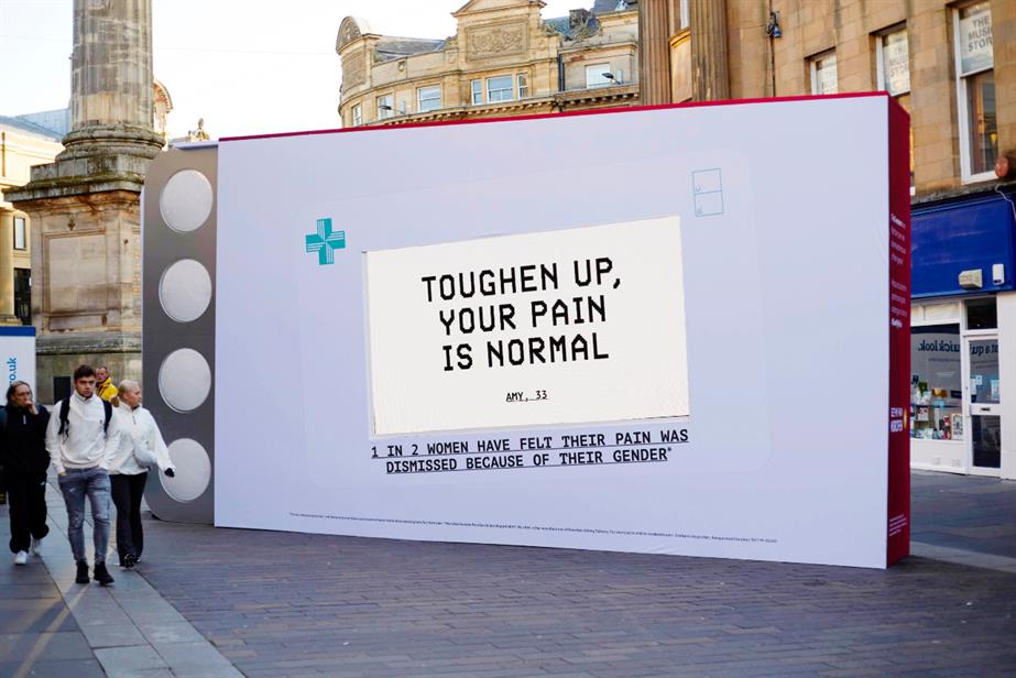 Image of installation showing giant pill packet on a square in Newcastle