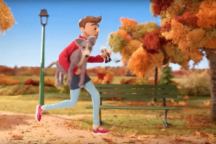 An animated man running in the park while carrying his dog
