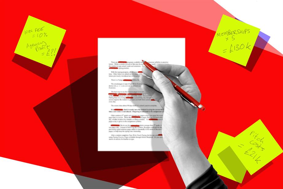 Someone's hand holding a pencil, changing contract terms with post-it notes adding up pitching costs